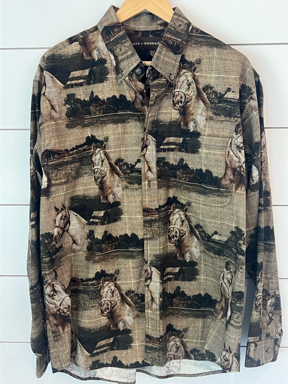 Bit & Bridle Horse Print Equestrian Button-Up Shirt in Brown‎ and Black
